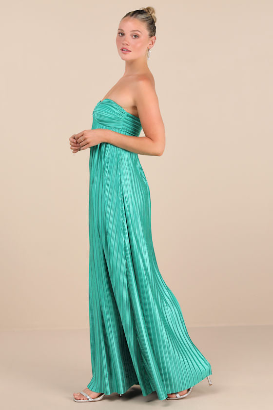 Whimsical Beauty Black Satin Plisse Strapless Maxi Dress