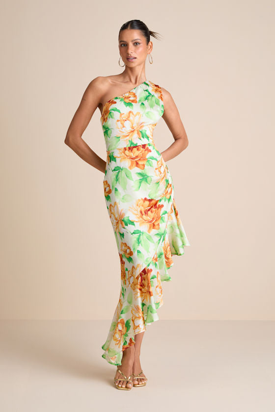 Divinely Blooming Blue Multi Floral One-Shoulder Midi Dress