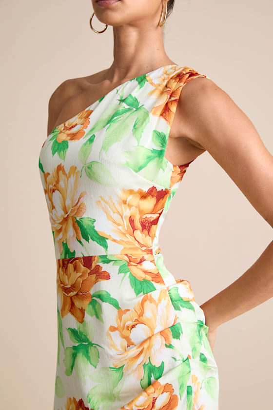 Divinely Blooming Pink Multi Floral One-Shoulder Midi Dress