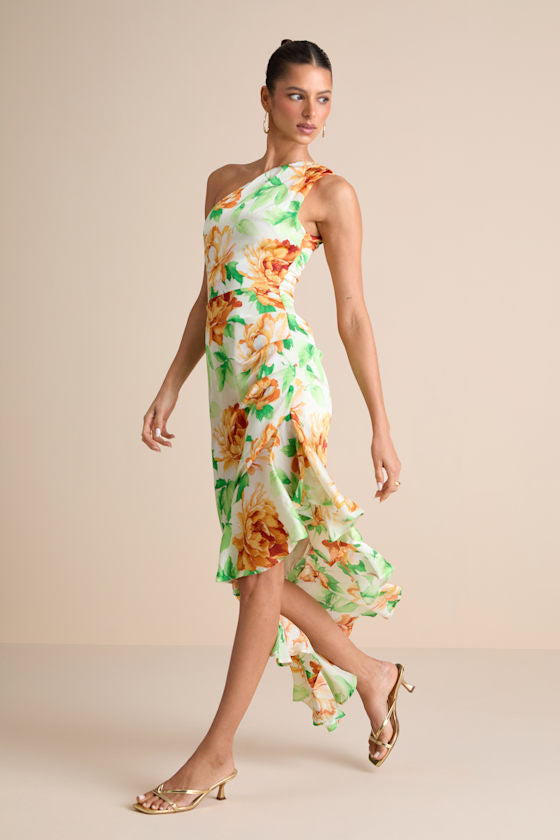 Divinely Blooming Lime Multi Floral One-Shoulder Midi Dress
