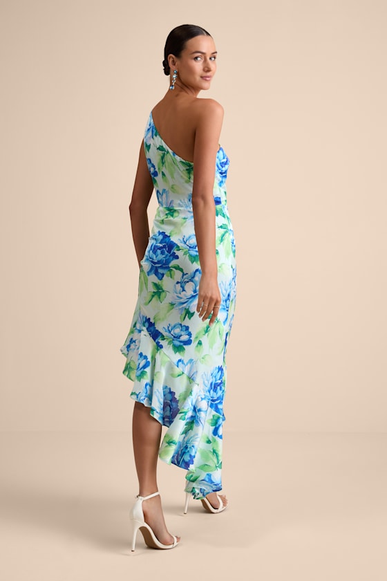 Divinely Blooming Blue Multi Floral One-Shoulder Midi Dress