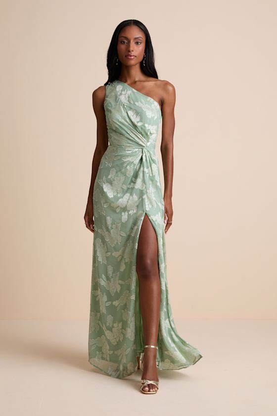 Renni Navy Blue Floral Jacquard One-Shoulder Maxi Dress