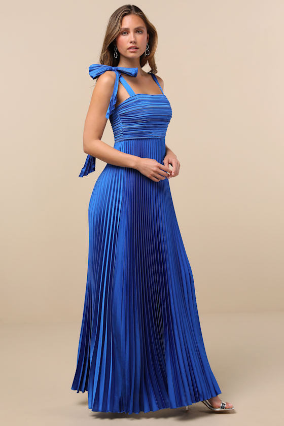 Gorgeous Purpose Red Satin Pleated Sleeveless Bow Maxi Dress
