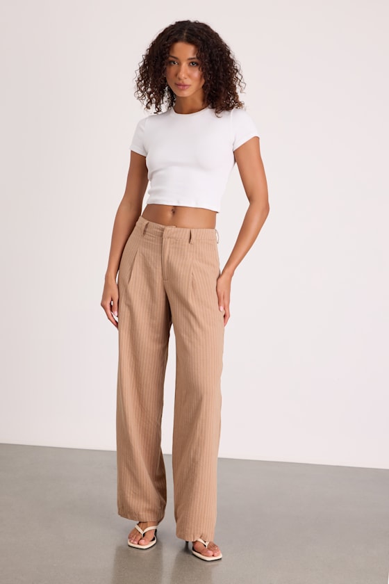 Siyana Tan Pinstriped Linen Straight Leg Trouser Pants