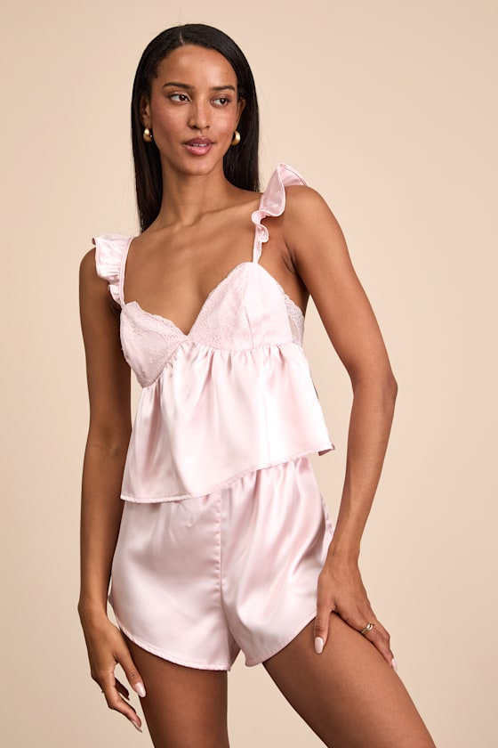 Keona Ivory Satin Lace Ruffled Two-Piece Pajama Set