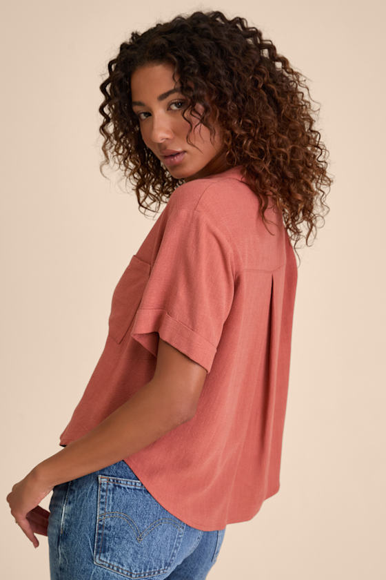 Summer Escapades Light Blue Linen Collared Button-Up Top