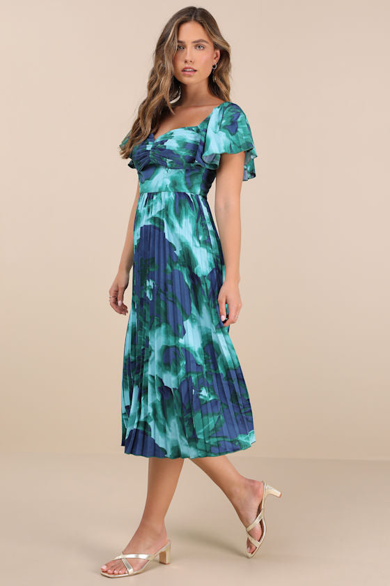 Authentically Yours Blue Multi Abstract Print Satin Midi Dress