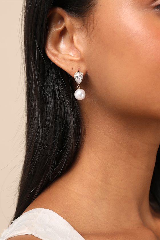 Miona Gold and White Pearl Rhinestone Drop Earrings