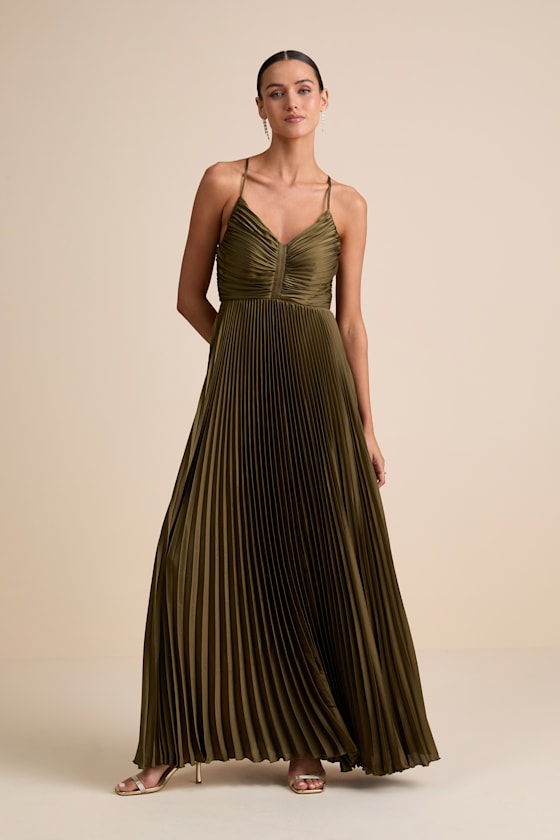 Dreaming in Color Green V-Neck Pleated Satin Maxi Dress
