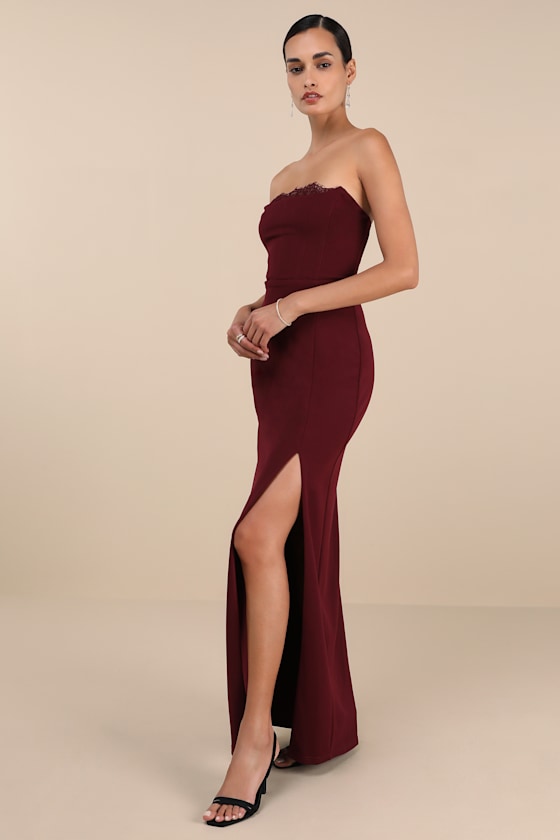 Memorably Iconic Red Strapless Lace Bustier Maxi Dress