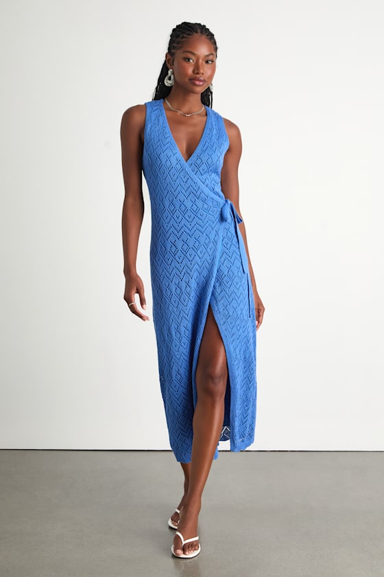 Livia Blue Pointelle Knit Wrap Midi Dress