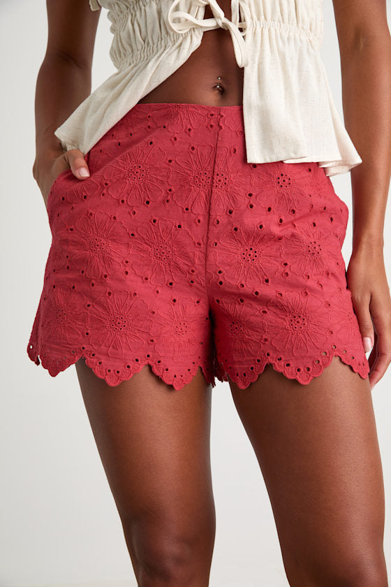 Tenille Cream Eyelet Embroidered Scalloped High-Rise Shorts
