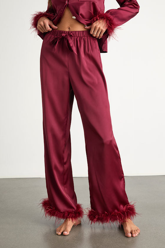 Dreamiest Delight White Satin Feather Two-Piece Pajama Set