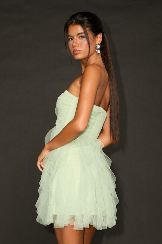 Delightful Beauty Light Blue Mesh Strapless Ruffled Mini Dress