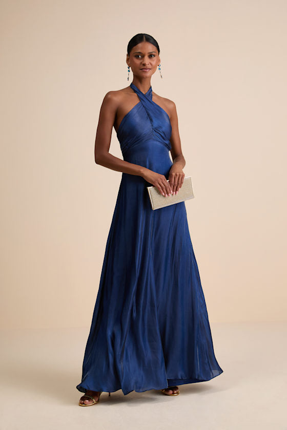 Canley Sage Satin Cross-Front Halter Maxi Dress