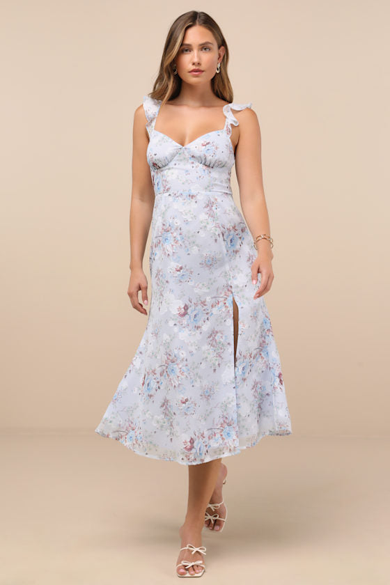 Delightful Direction Blush Floral Ruffled Tie-Strap Midi Dress