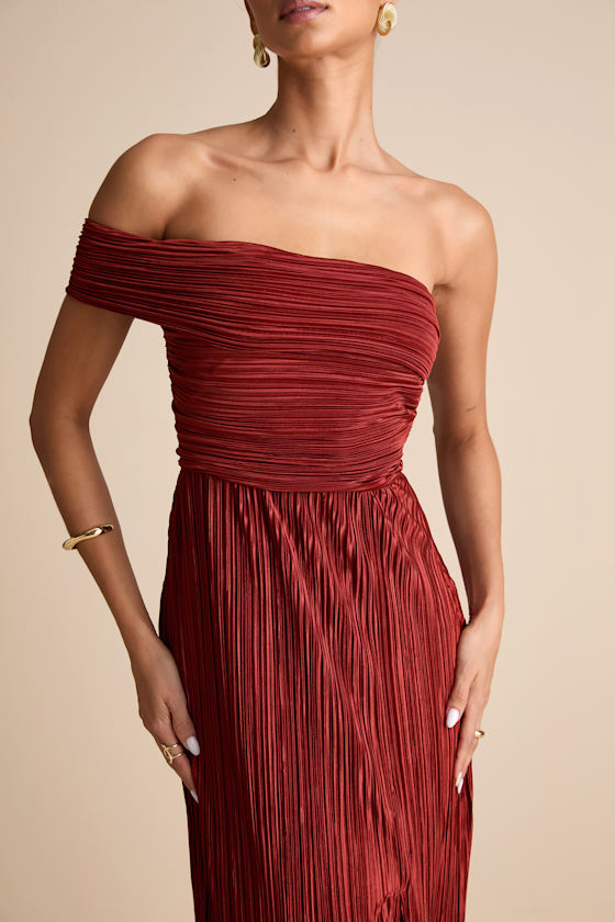 Poised Performance Blue Plisse One-Shoulder Maxi Dress
