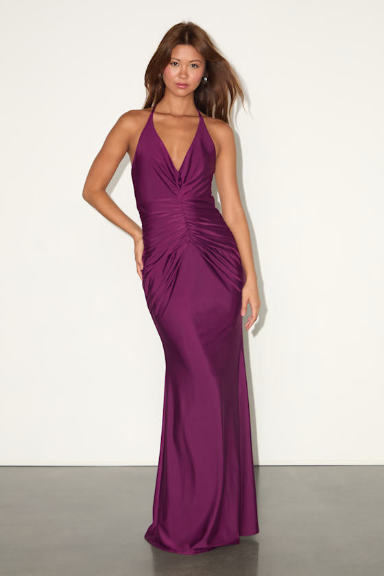 Zaniya Emerald Green Ruched Halter Maxi Dress