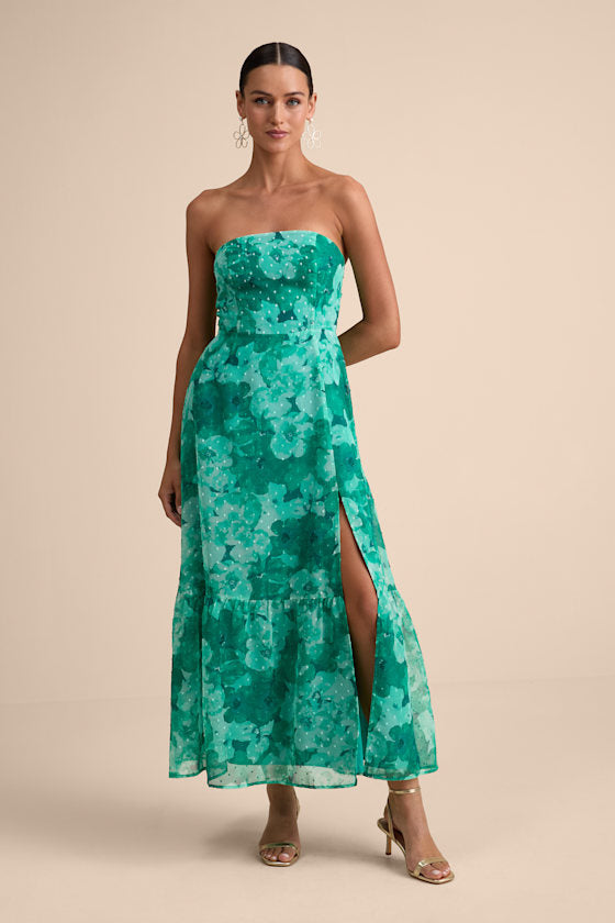 Bright Perspective Plum and Orange Floral Strapless Midi Dress