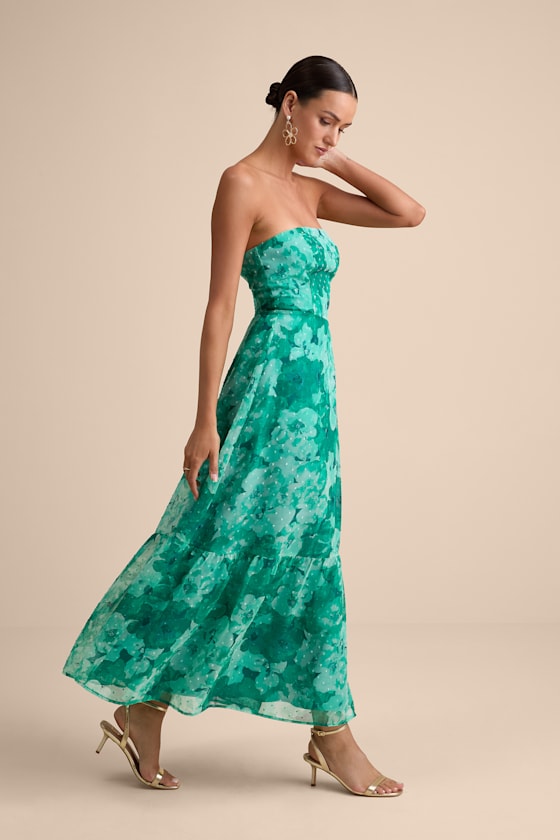 Bright Perspective Plum and Orange Floral Strapless Midi Dress