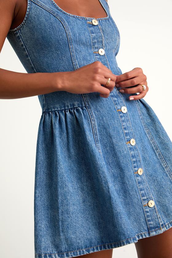 Prinsley Washed Black Denim Button-Front Mini Dress