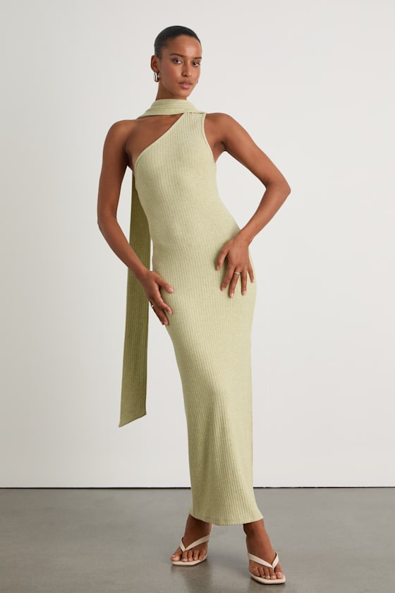 Venna Heathered Brown One-Shoulder Scarf Maxi Dress