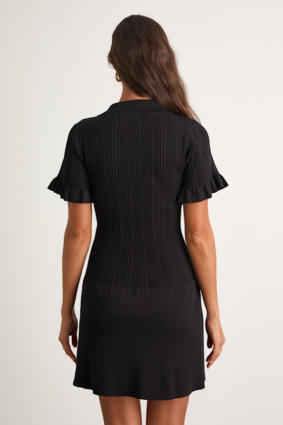 Yavina Black Collared Skater Sweater Mini Dress