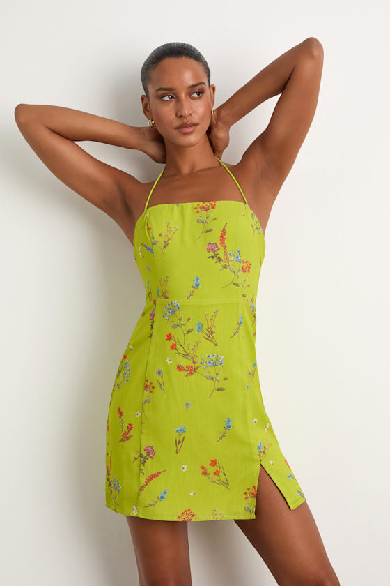 Catch the Bouquet Light Yellow Floral Halter Lace-Up Mini Dress