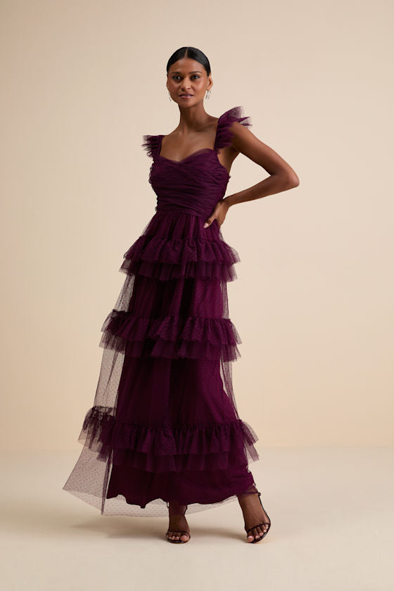 Pure Radiance Sage Brush Mesh Swiss Dot Tiered Maxi Dress