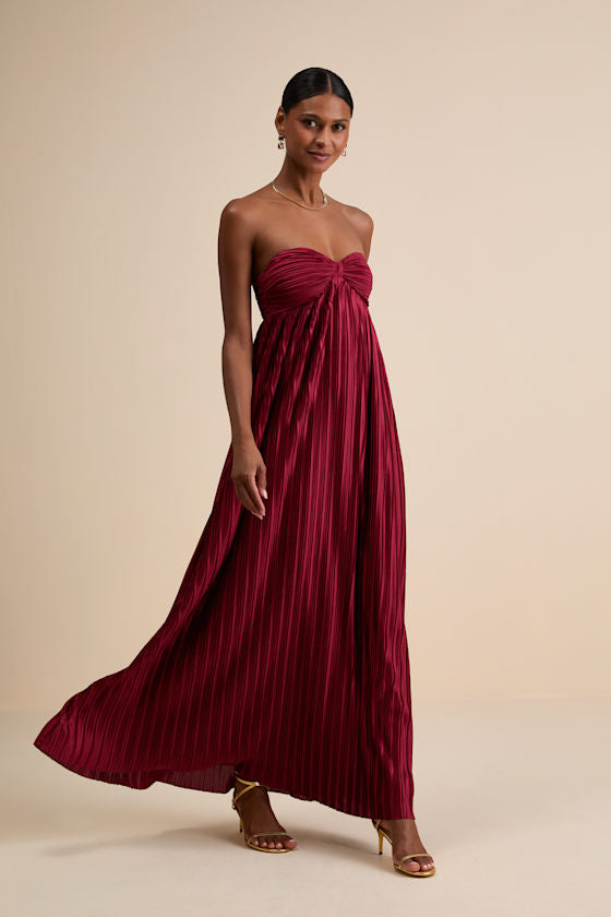 Whimsical Beauty Black Satin Plisse Strapless Maxi Dress