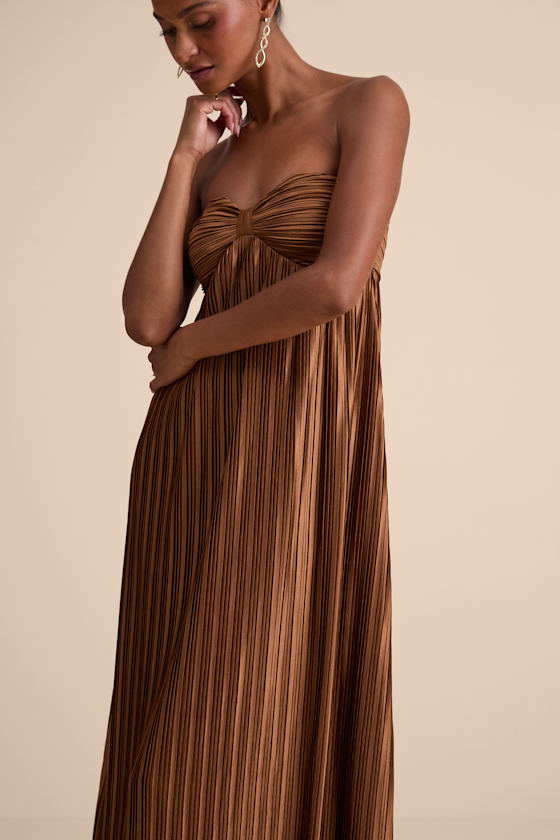 Whimsical Beauty Black Satin Plisse Strapless Maxi Dress