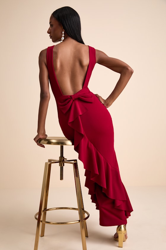 Exquisite Refinement Emerald Backless Bow Ruffled Maxi Dress