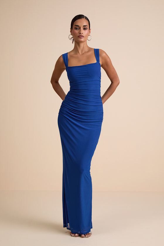Amazing Presence Slate Blue Mesh Ruched Column Maxi Dress