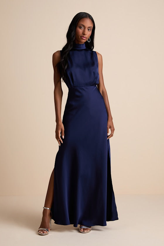 Classic Elegance Wine Satin Maxi Dress