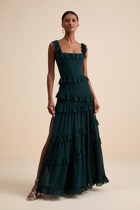 Compelling Romantic Dark Blue Ruffled Tiered Maxi Dress