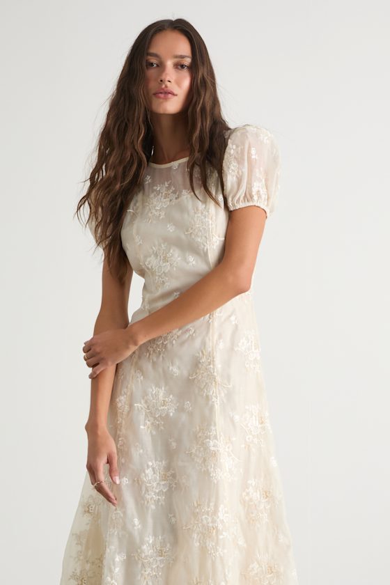 Elfrieda Blush Floral Embroidered Puff Sleeve Midi Dress