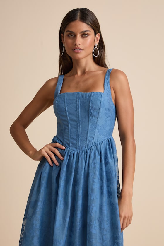 Colwyn Light Blue Floral Jacquard Bustier Midi Dress