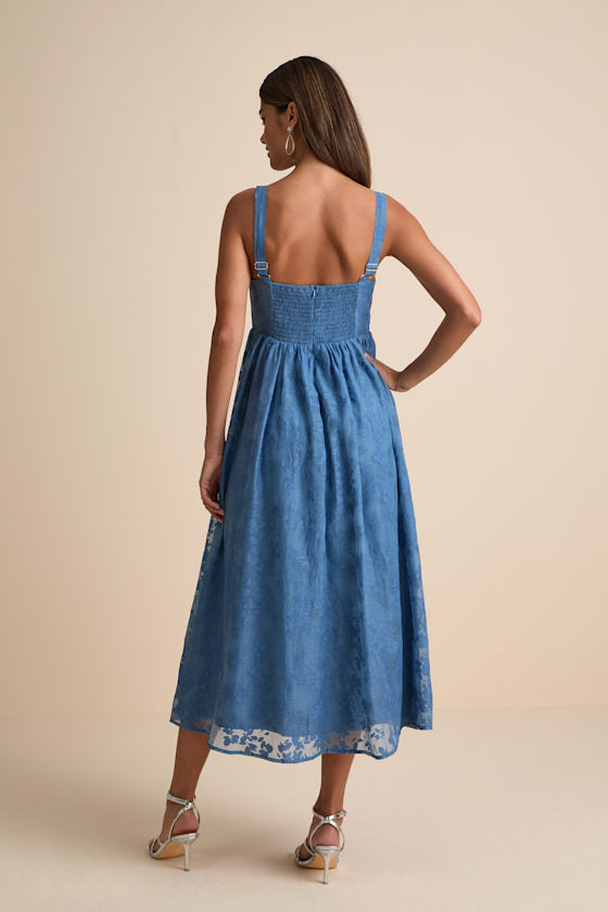 Colwyn Light Blue Floral Jacquard Bustier Midi Dress