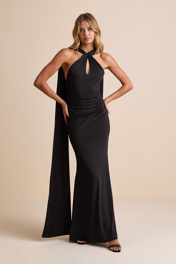 Noretta Plum Jersey Knit Keyhole Cutout Sash Maxi Dress