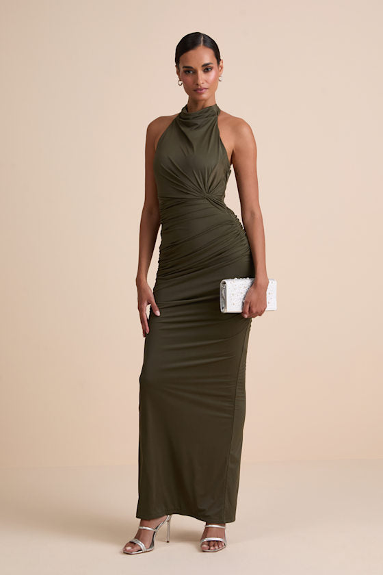 Seraiah Black Knotted Ruched Halter Maxi Dress