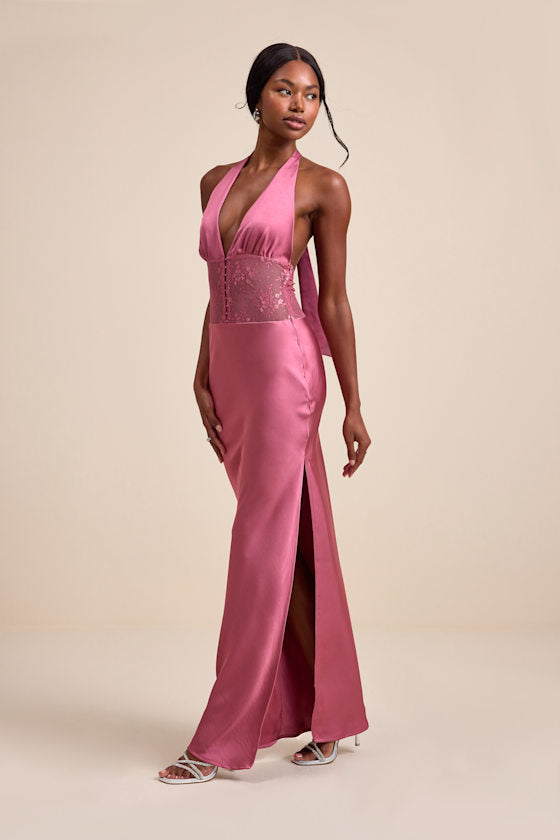 Lennon Black Satin Lace Halter Maxi Dress