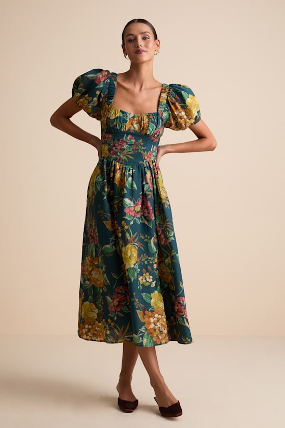 Adorable Tendencies Periwinkle Floral Puff Sleeve Midi Dress
