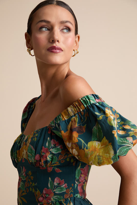 Adorable Tendencies Dark Grey Floral Puff Sleeve Midi Dress