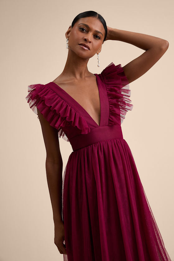 Simply Delighted Black Mesh Ruffled Backless Maxi Dress