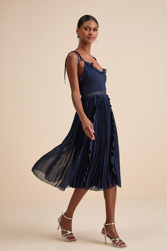 Never a Dull Moment Bright Red Tie-Strap Pleated Midi Dress