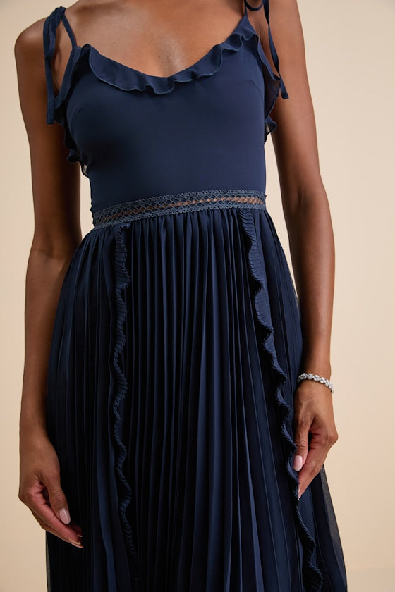 Never a Dull Moment White Tie-Strap Pleated Midi Dress