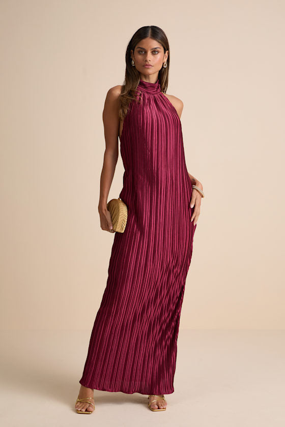 Gwenny Dark Navy Satin Plisse Maxi Dress