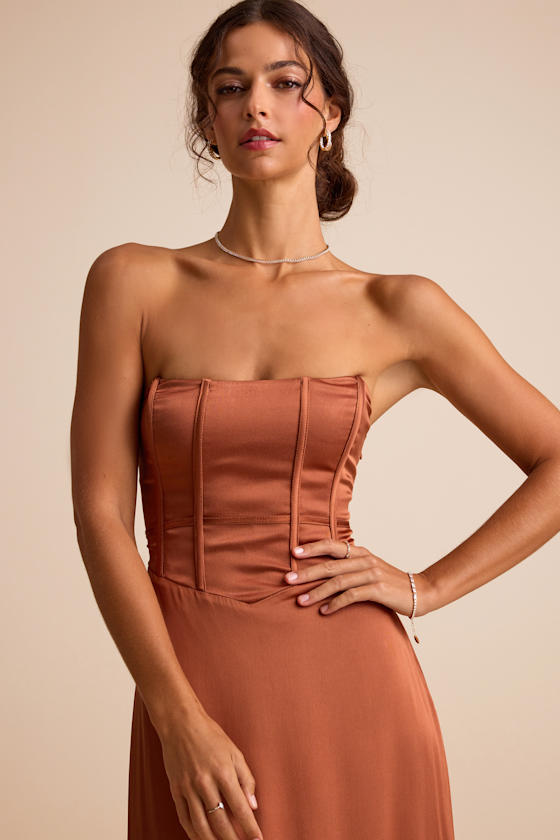 Extraordinary Presence Dark Green Satin Strapless Maxi Dress