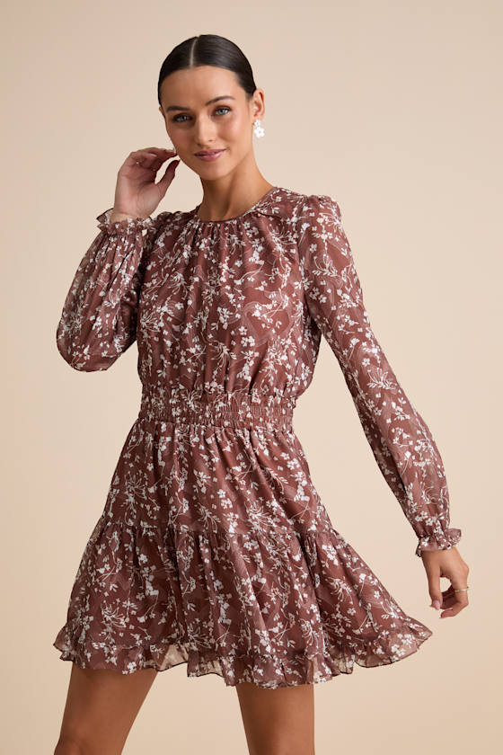 Too Cute Navy Blue Floral Print Smocked Long Sleeve Mini Dress