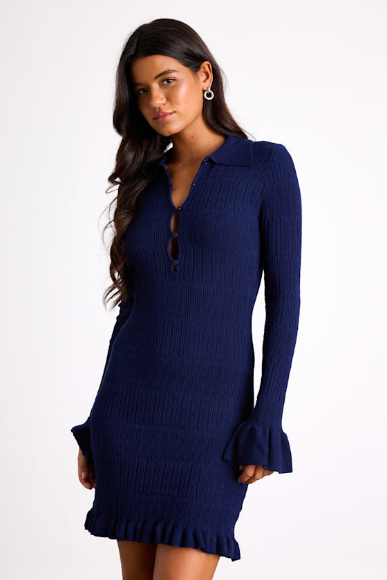 Coralee Red Textured Collared Ruffled Sweater Mini Dress